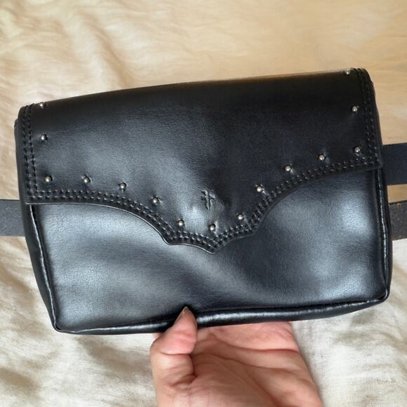 Frye Black Leather Studded Belt Bag Western Buckle Women’s S/M Designer - Picture 1 of 8